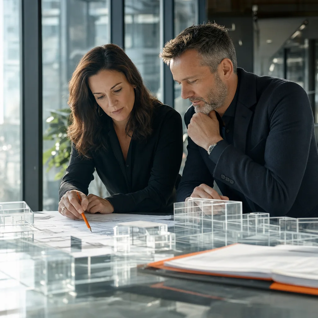 Business leaders exploring process and system design around a contemporary worktable