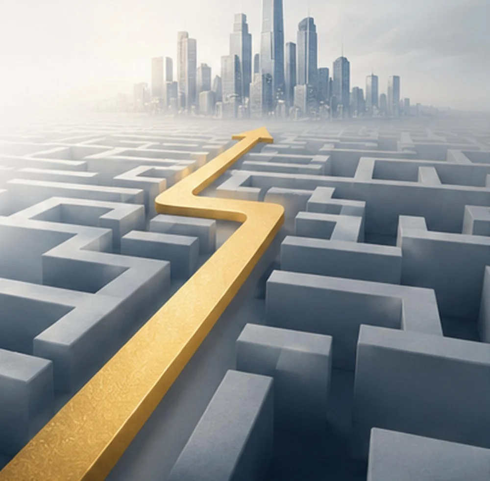 A clear route through a maze towards a city, from the supplied sales deck.