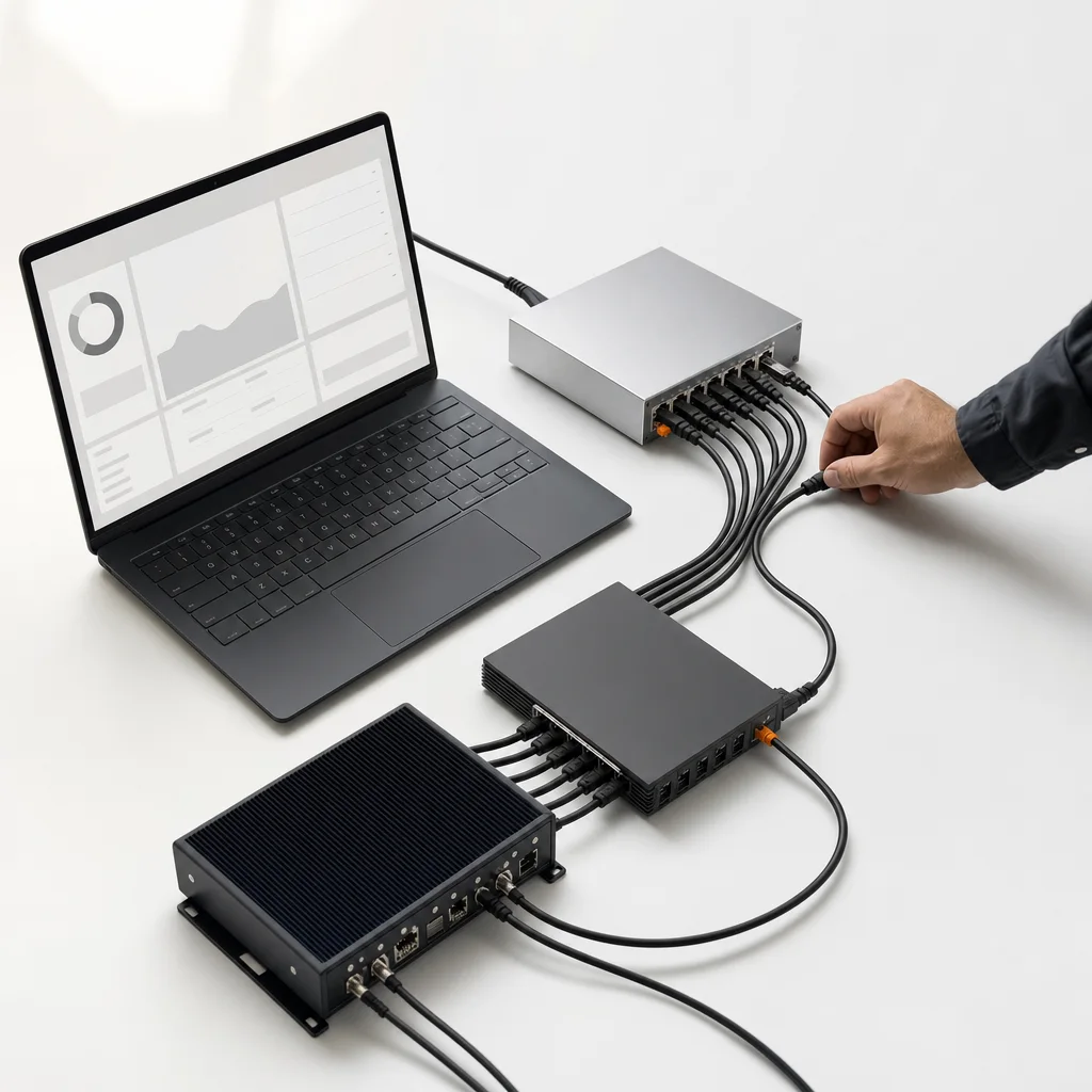 A specialist tending a connected workplace system, with a laptop and carefully organised network equipment