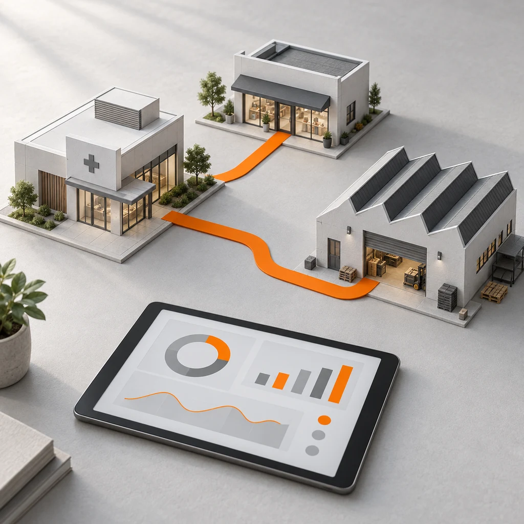 Model healthcare, retail and manufacturing businesses connected by orange paths, with a shared dashboard.